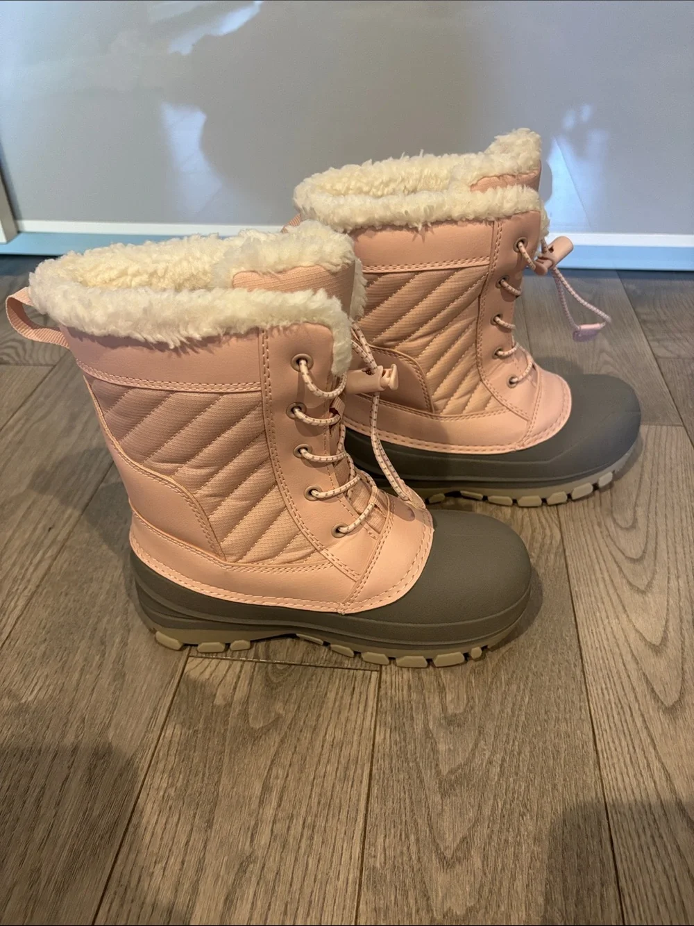 Girls Pink and Gray Kids Snow Boot with Faux-Fur Collar